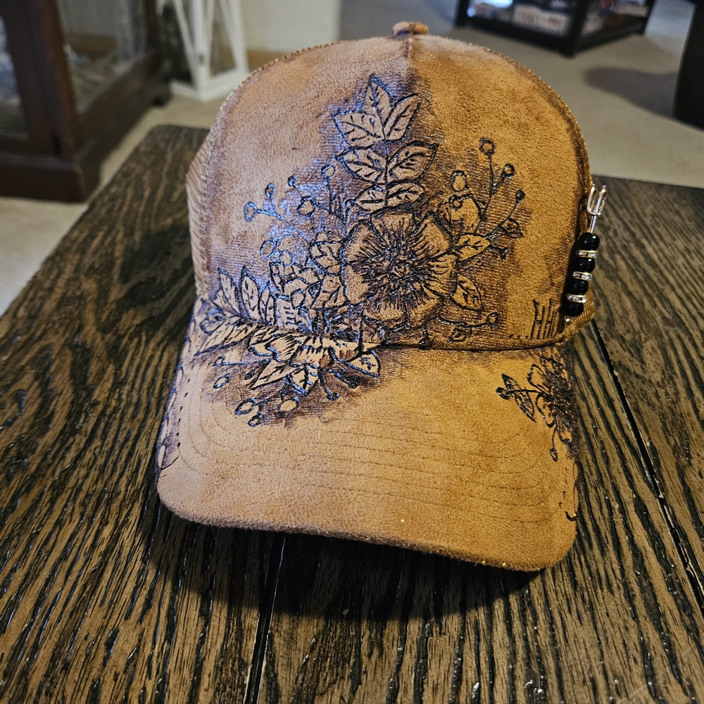 Floral Hand Burned Suede Trucker Hat  With Charm By HHC